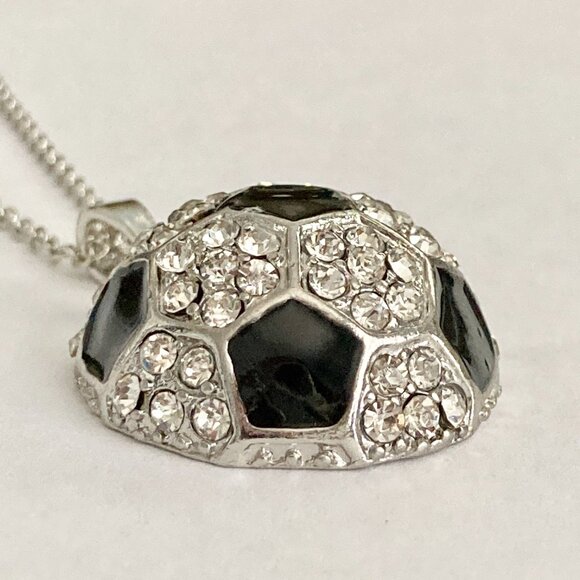 Soccer Ball Black Enamel Clear Crystal Silver Chain Necklace Jewelry Futball 19" - Picture 6 of 9